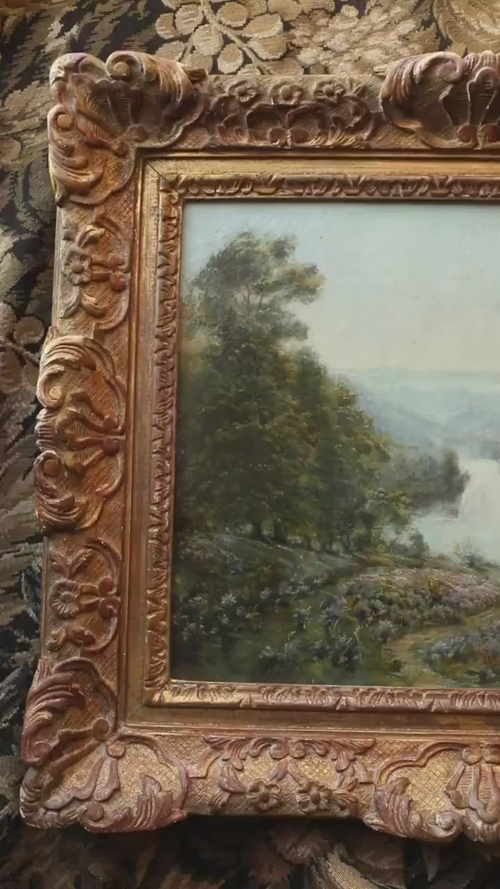Antique French Romantic Landscape – River Valley View of Burgundy area, 19th Century Oil Painting
