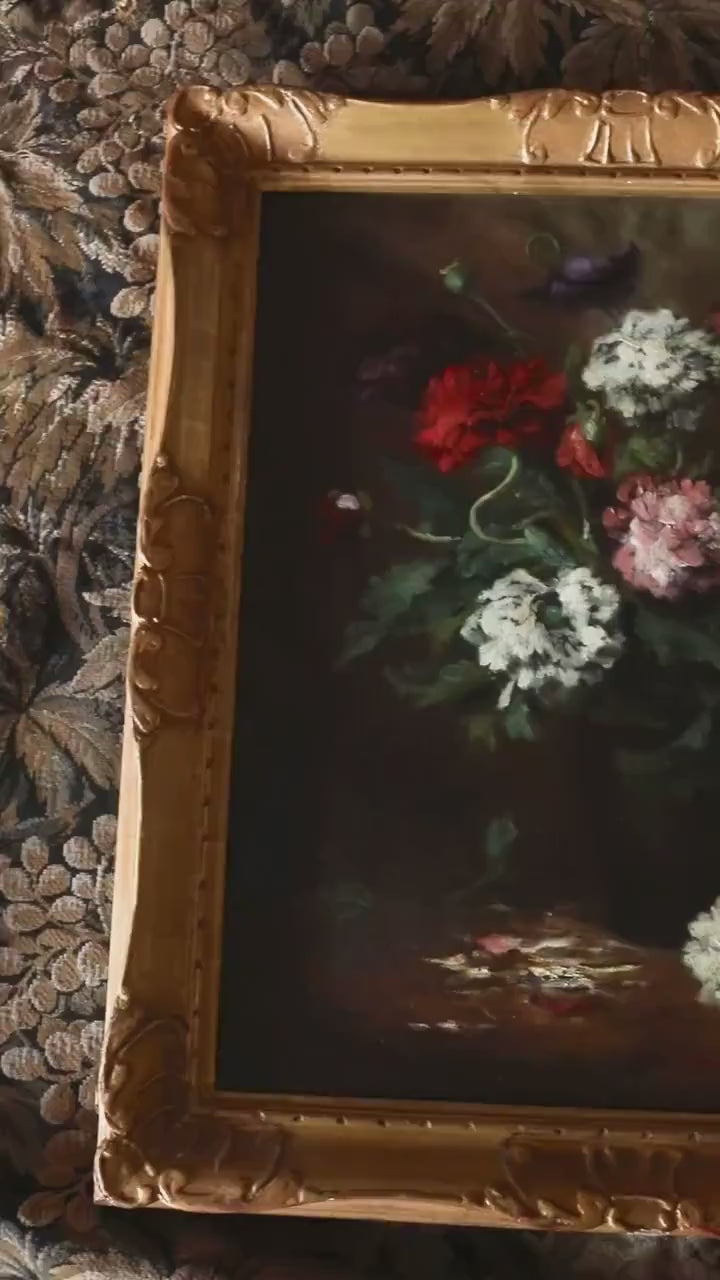 Antique Moody Floral Still Life Oil Painting, Large, Gold Framed