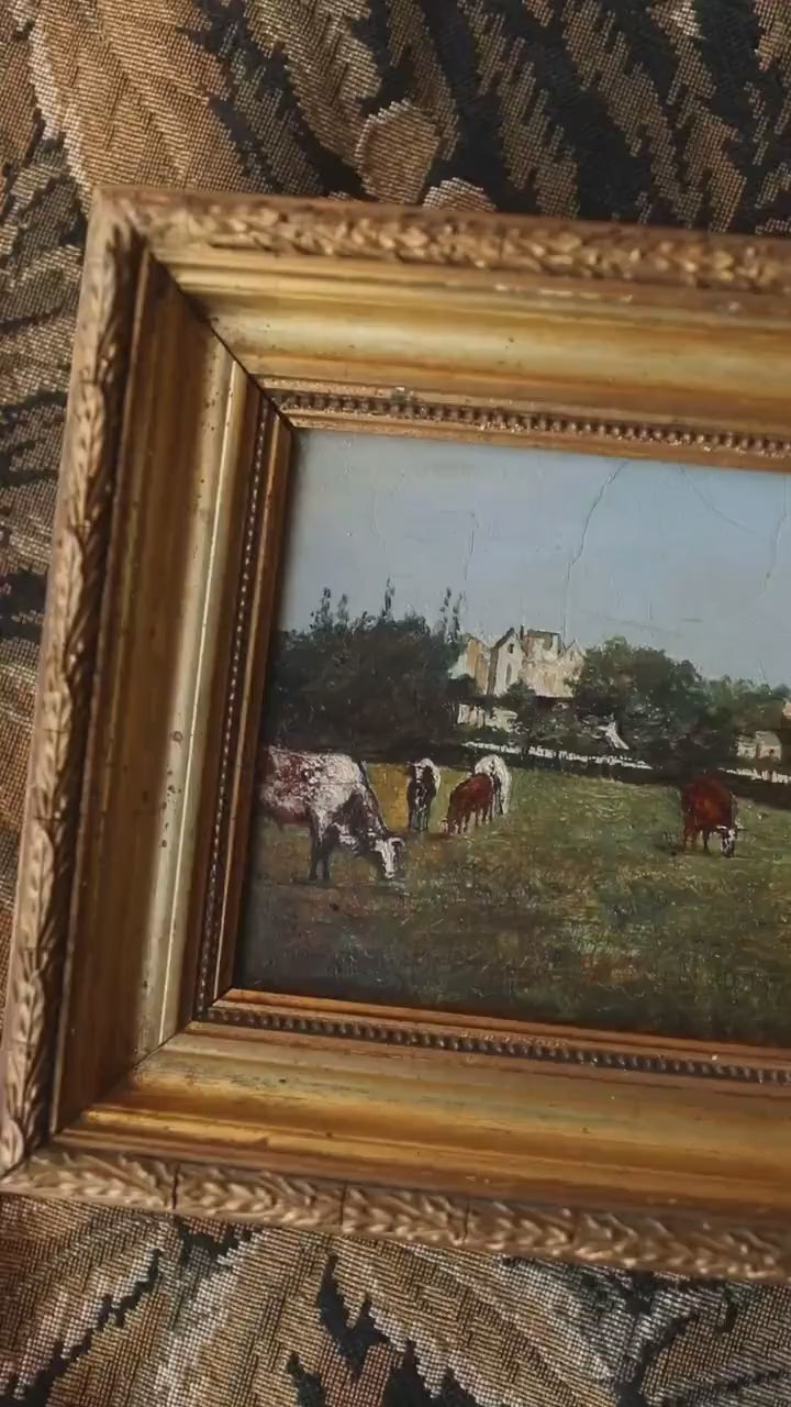 Antique French Barbizon Cabinet Landscape – Cows Grazing Near a Normandy France Village, 19th Century Oil, Gold Framed