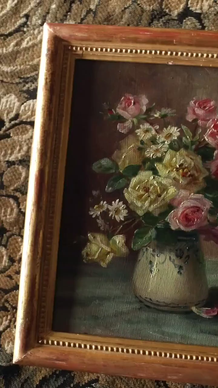 Antique Roses and Daisies Small Oil Painting, Signed in Gold Frame