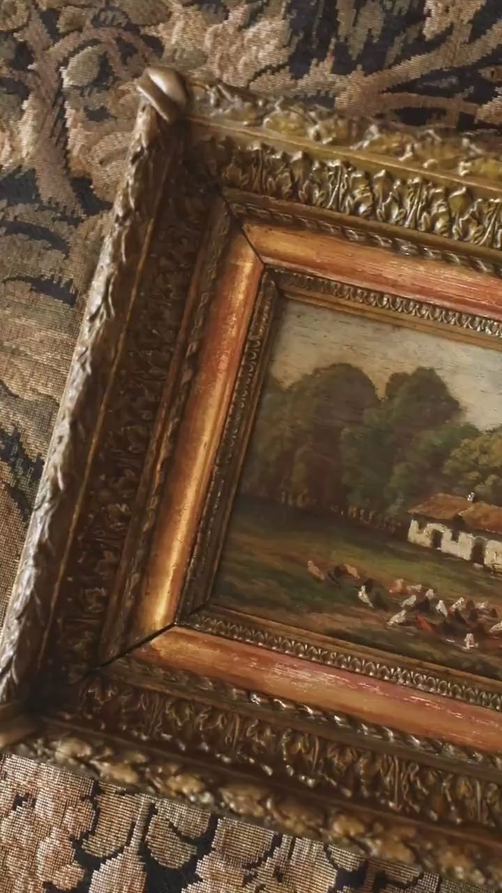 Antique French Farm with Chickens Oil Painting, 19th C., Gold Frame
