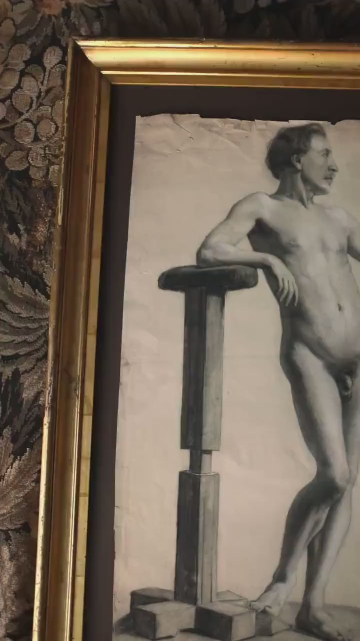 Late 19th Century French Academic Nude Drawing. Large Figure Study in Gilt Frame