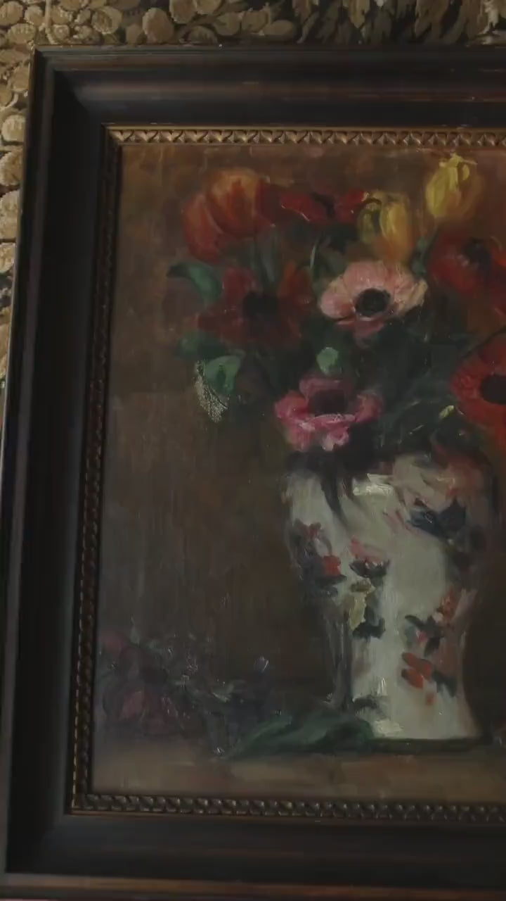 Antique French Floral Still Life – Anemones in Vase, Moody Interior in Wood Frame