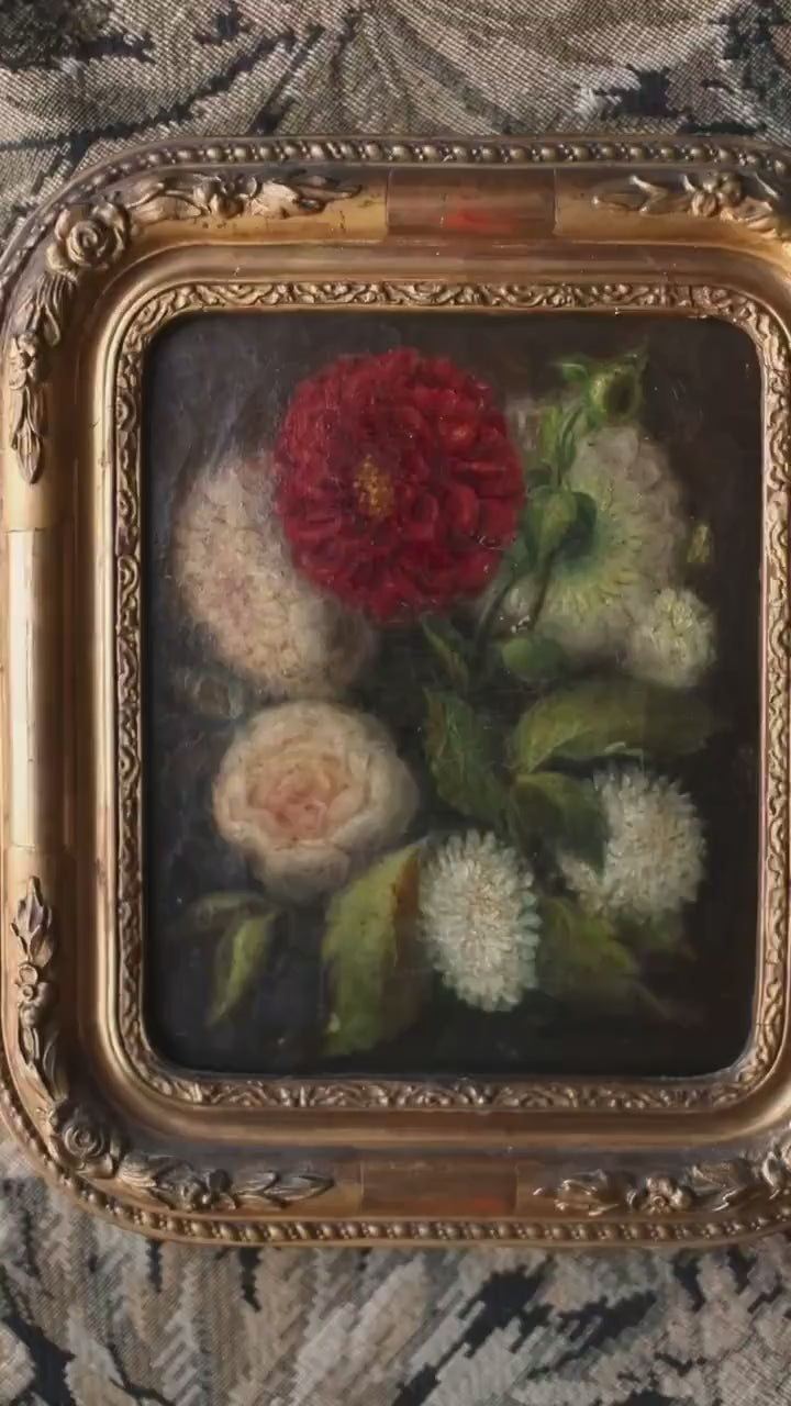 Antique Floral Oil Paintings – Pair (2) 19th Century Flower Still Life in Gold Frames