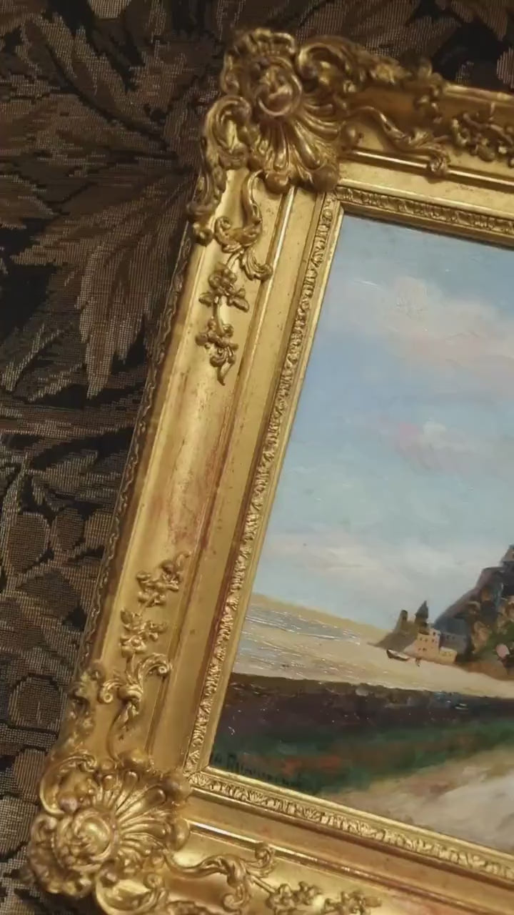 Antique French Oil Landscape Painting - Saint Mont Michel in Gilt Frame