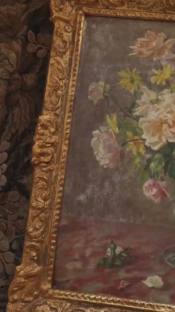 Antique Floral Oil Painting, French Pink Roses, Signed, 1909, Gold Framed