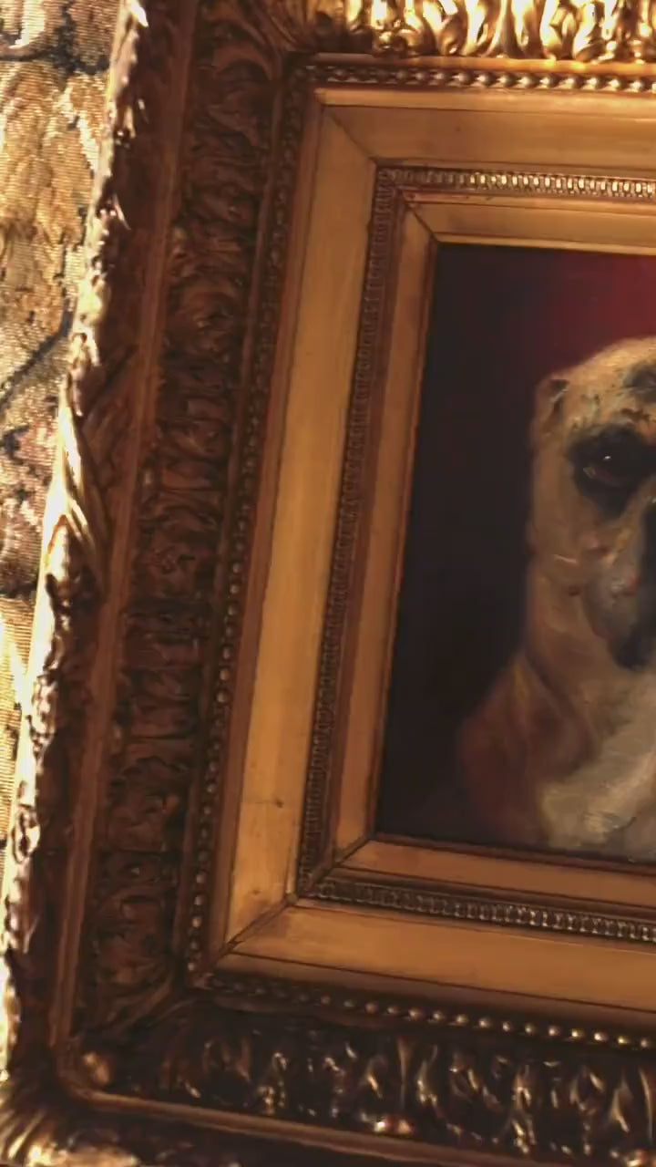 Antique Dog Portrait Oil Painting | Faithful Dog Portrait | French Animal Art, Gold Framed