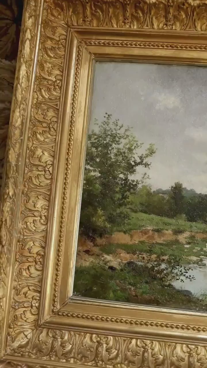 Antique French Landscape Oil Painting | 19th Century River Scene, Barbizon Style