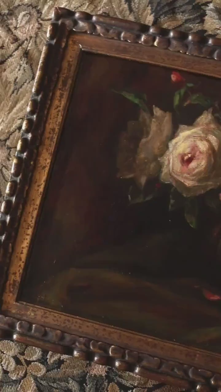 Antique Dutch Flower Oil Painting, Roses in Vase, Gold Frame