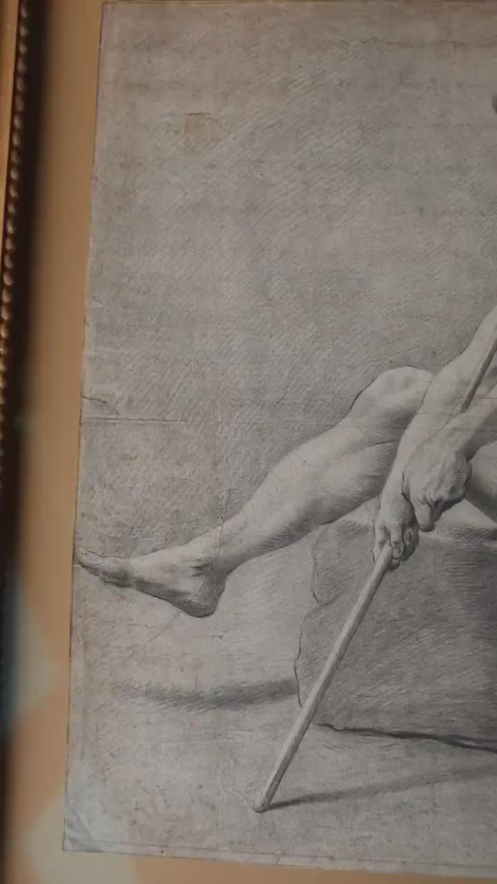 Dated 1753 German Academic Nude Male Figure Drawing. Signed C.D. Henning. Pencil Study in Gilt Frame