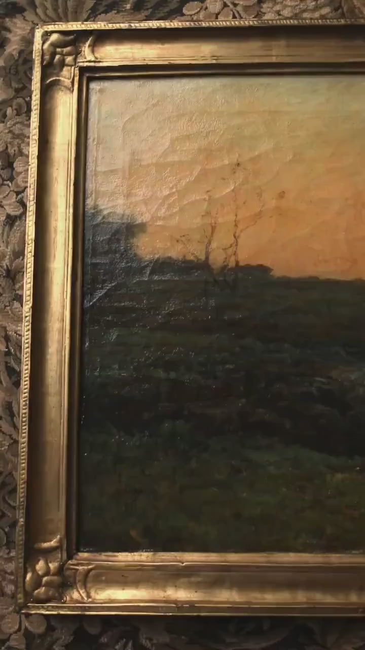 Antique French Tonalist Landscape Oil Painting – Riverside at Dusk