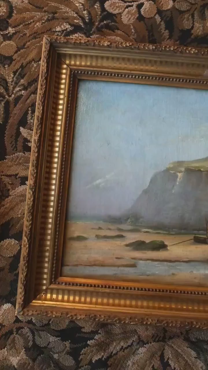 Antique French Coastal Landscape – Chalk Cliffs at Étretat Norandy, 19th Century Oil Painting in Gold Framed