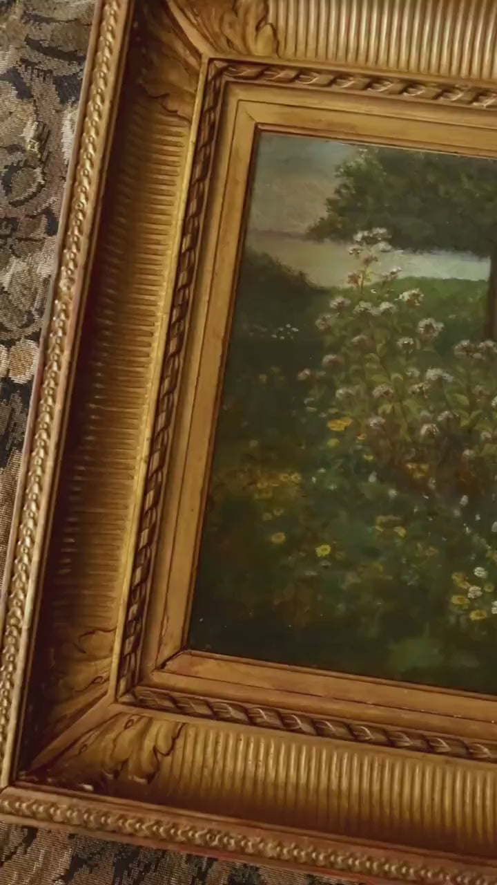 Antique Wildflower Landscape Oil Painting | Lakeside Meadow in Original Gilt Frame | Impressionist Garden Scene