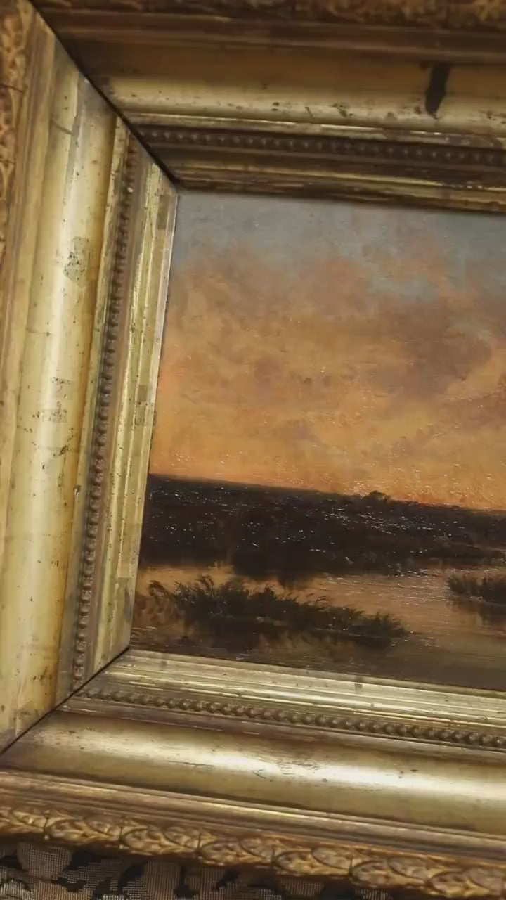 Antique Tonalist Landscape Oil Painting | Sunset River Scene in Gilt Frame | Moody European Art