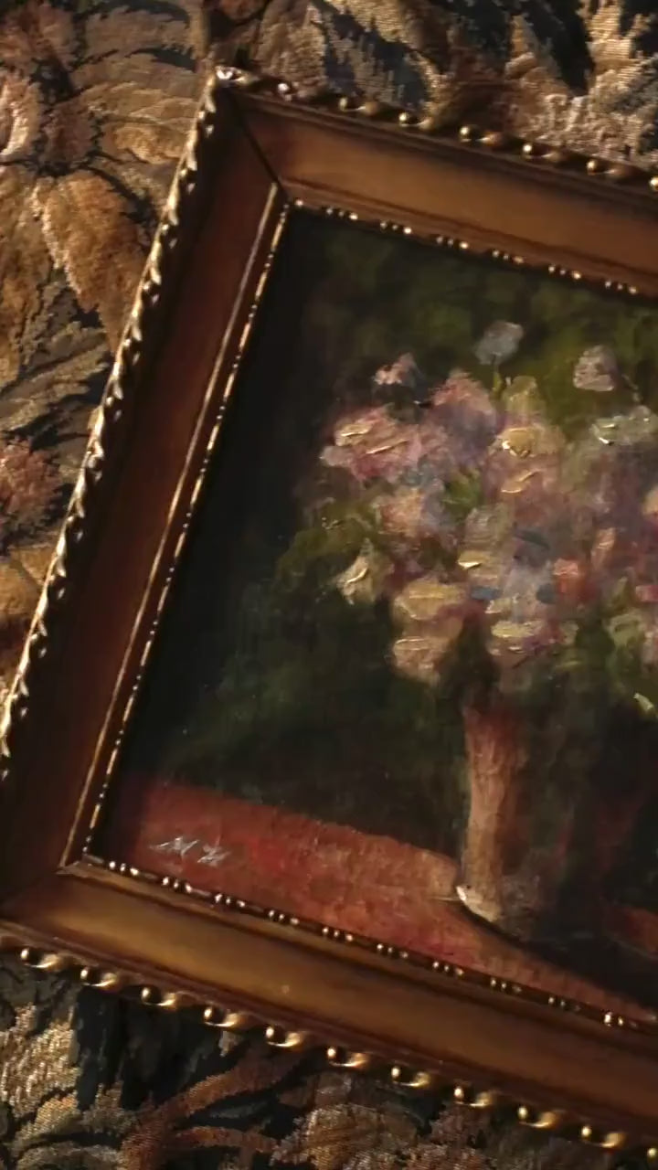 Antique Dutch Floral Oil Painting, Purple Flowers, Gold Frame