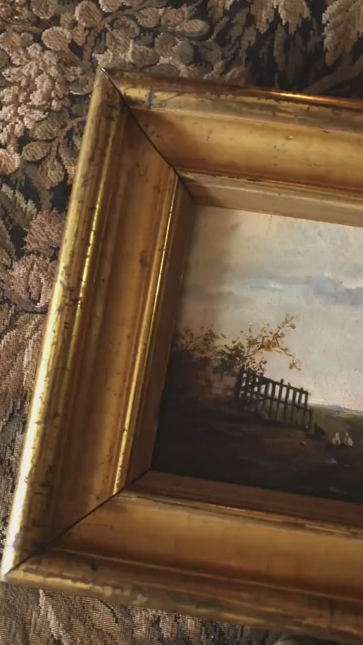 Antique French Farm Landscape Oil Painting – Pastoral Country Scene, Chickens, 19th Century, Gold Framed