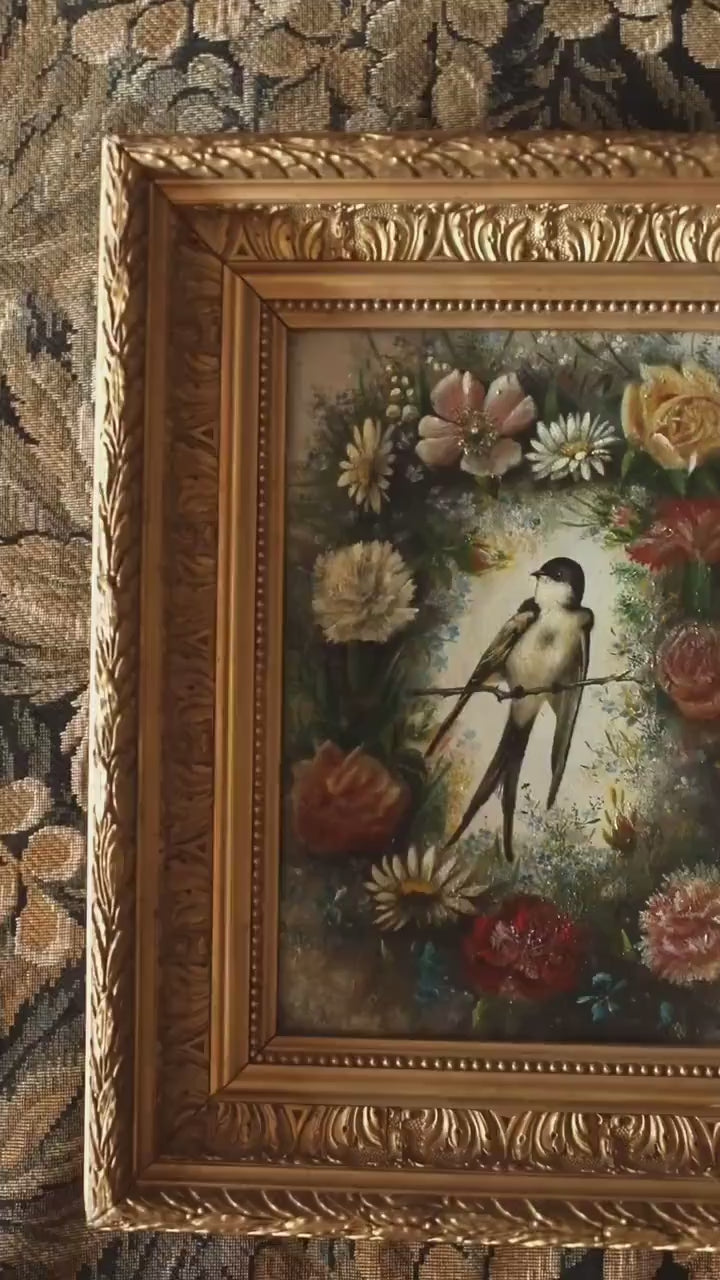 Antique Bird and Flowers Painting – 19th Century Swallow, Gold Framed