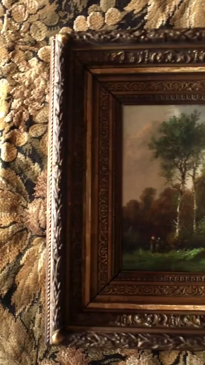 Antique Landscape Oil Painting, Barbizon Green in Gold Framed