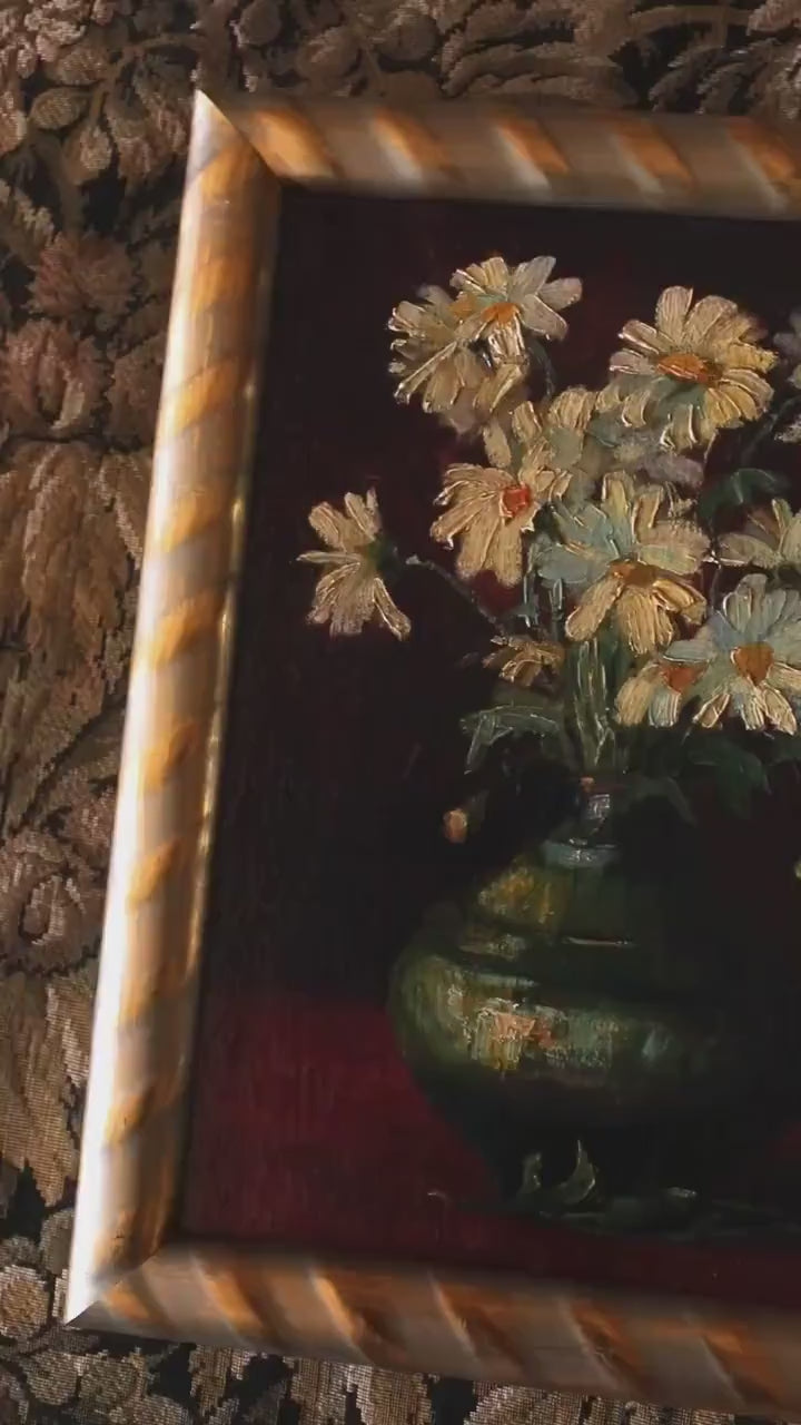 Antique Floral Still Life, Daisies, Original Framed Oil Painting