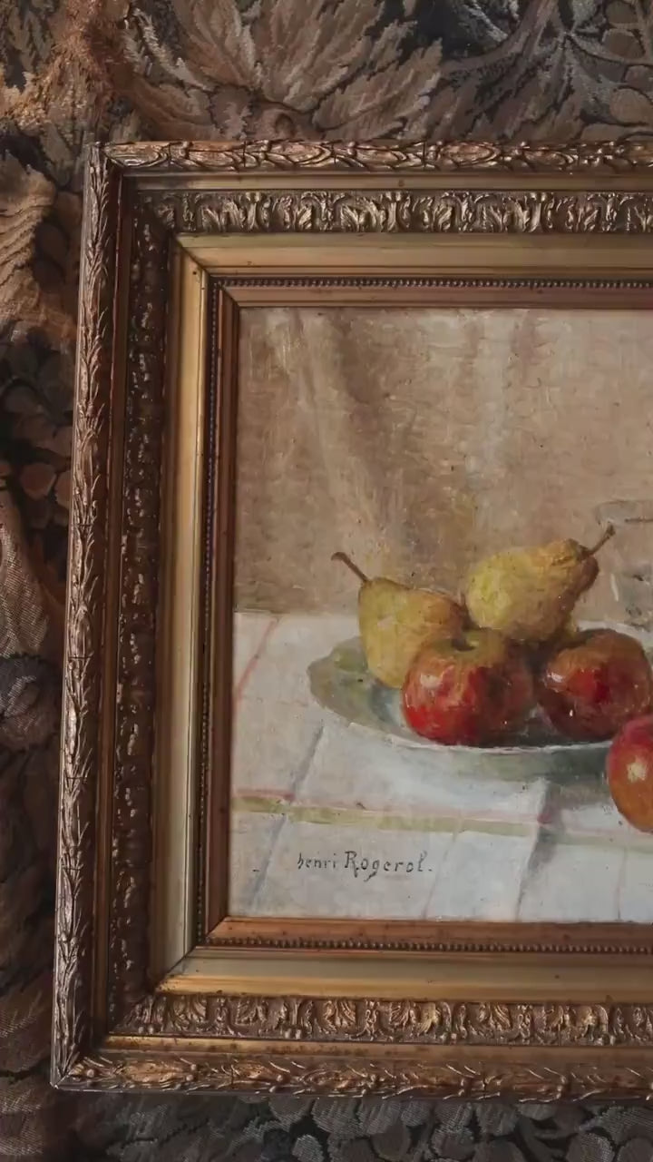 Signed Henri Rogerol – Antique French Still Life with Apples and Pears in Gold Frame