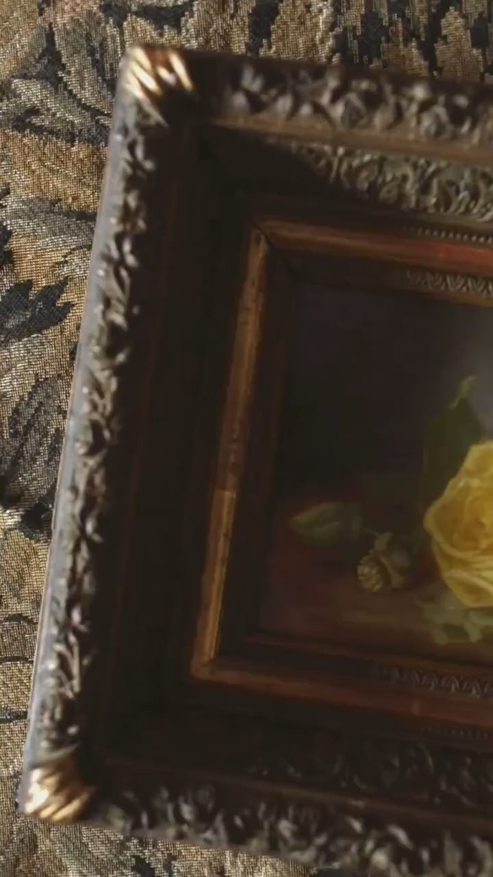 Antique French Floral Rose Oil Painting, Gold Framed