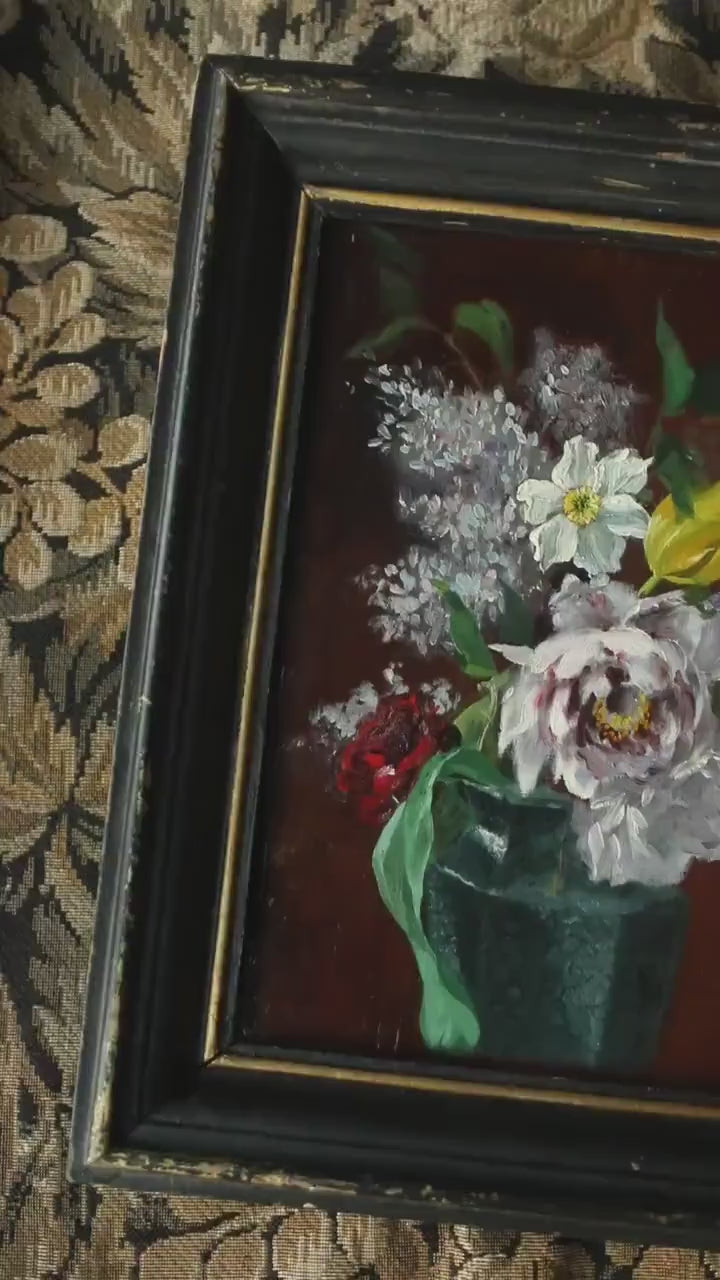 Antique French Floral Still Life – Impressionist Style Bouquet in Glass Vase