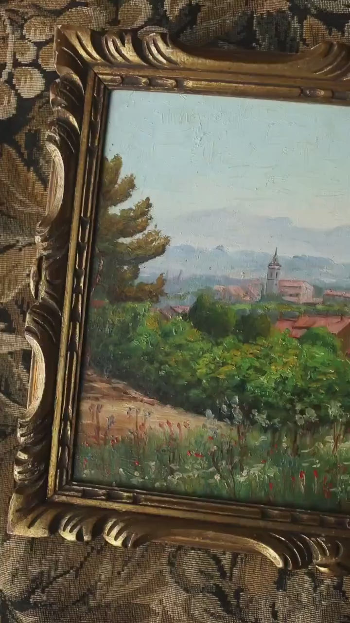 Antique European Landscape Painting – Countryside Village Scene in Gold Frame