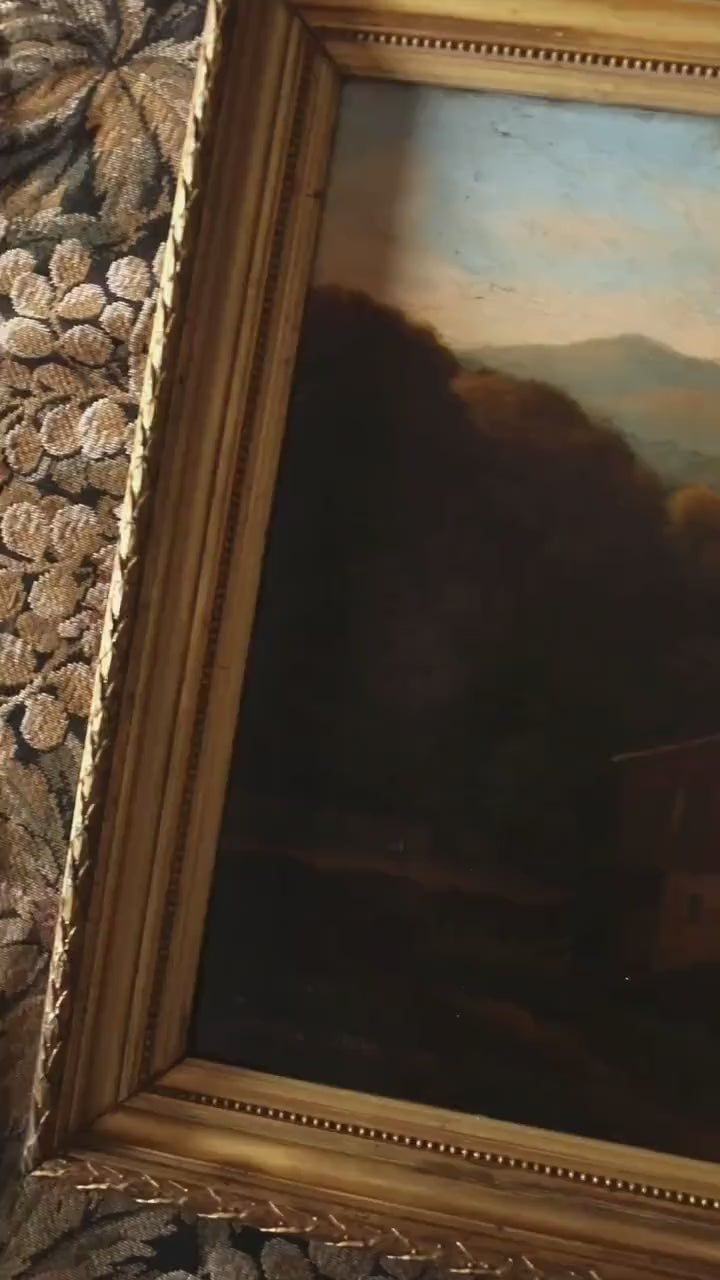 Antique Mountain Village Oil Painting | Moody Signed Landscape | Romantic European Art, Gold Framed