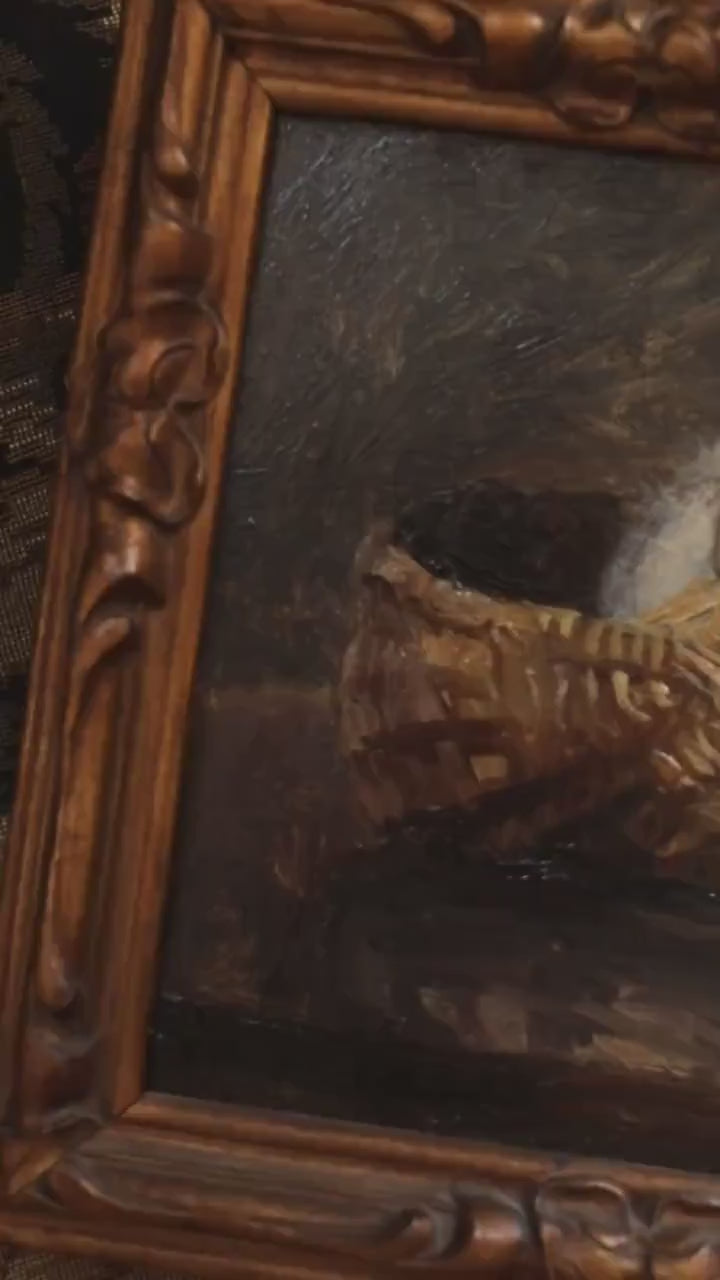 Antique Cat Oil Painting – Cute Kitten in Basket, Charming Animal Scene in Gold Frame