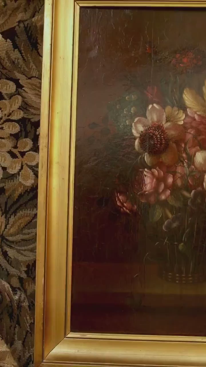 Antique Floral Still Life Oil Painting | Dark Bouquet of Flowers in Gold Frame | Moody Victorian Botanical Art