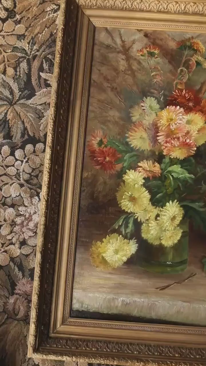Antique Floral Still Life Oil Painting – Dark and moody Flowers, Gold Framed