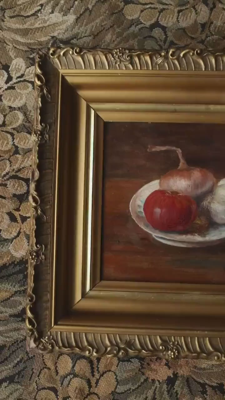 Antique Kitcheb Still Life Oil Painting – Garlic and Tomato on a Plate, 19th Century in Gold Frame