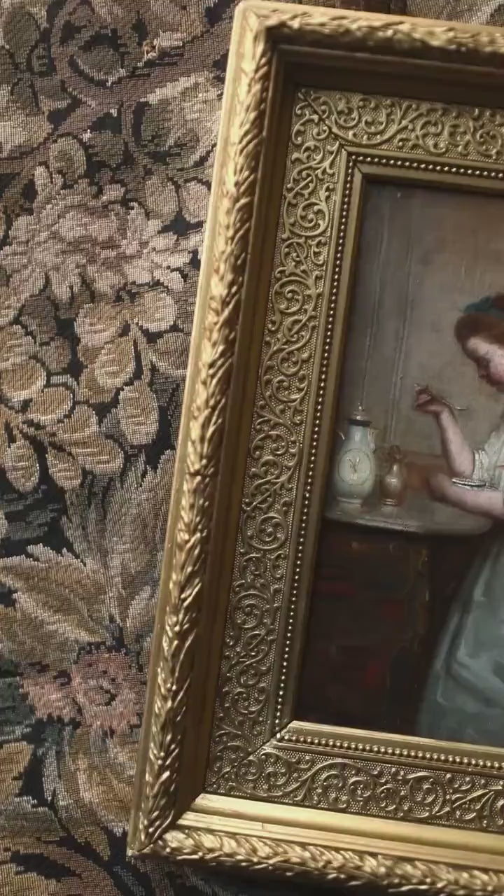 Antique French Genre Oil Painting – 19th Century Woman in Interior in Gold Frame