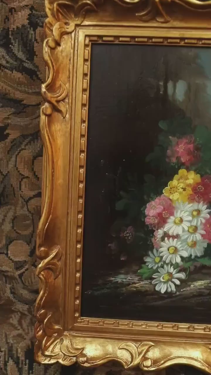 Antique Floral Still Life Oil Painting | Garden Flowers in Gold Frame | Victorian Botanical Art