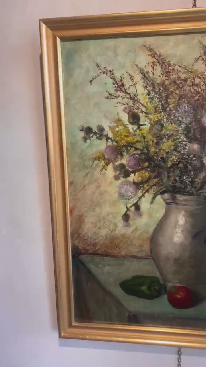 Vintage Flower Still Life, Antique Floral Oil Painting, Antique Muted Still Life Oil Painting Dutch Floral Oil Painting Framed in Gold Frame