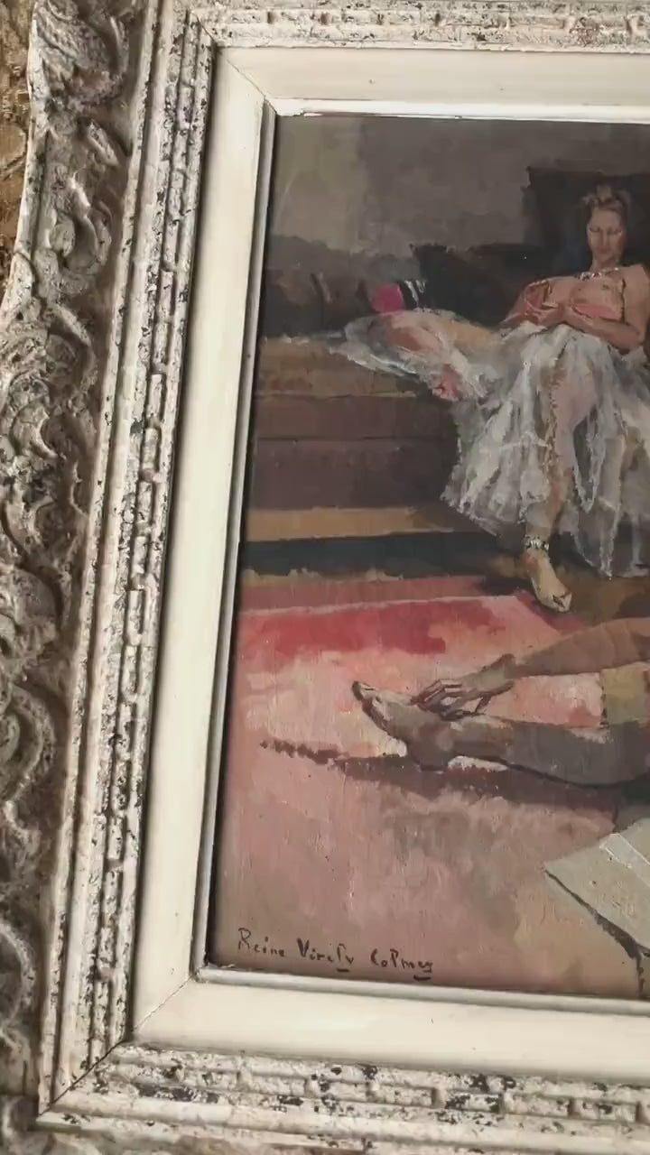 Antique French Nude Oil Painting at the Ladies in the Paris Caberet, Paris School in Montparnasse Frame