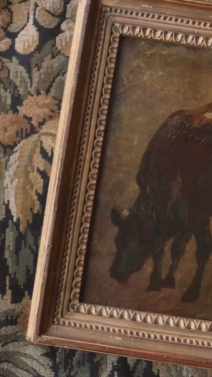 Antique French Barbizon Cow Study – 19th Century Rustic Animal Oil Painting