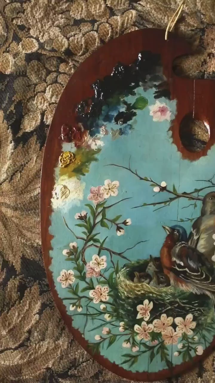 Antique Painted Artist Palette, Birds with Flowers, Wall Art