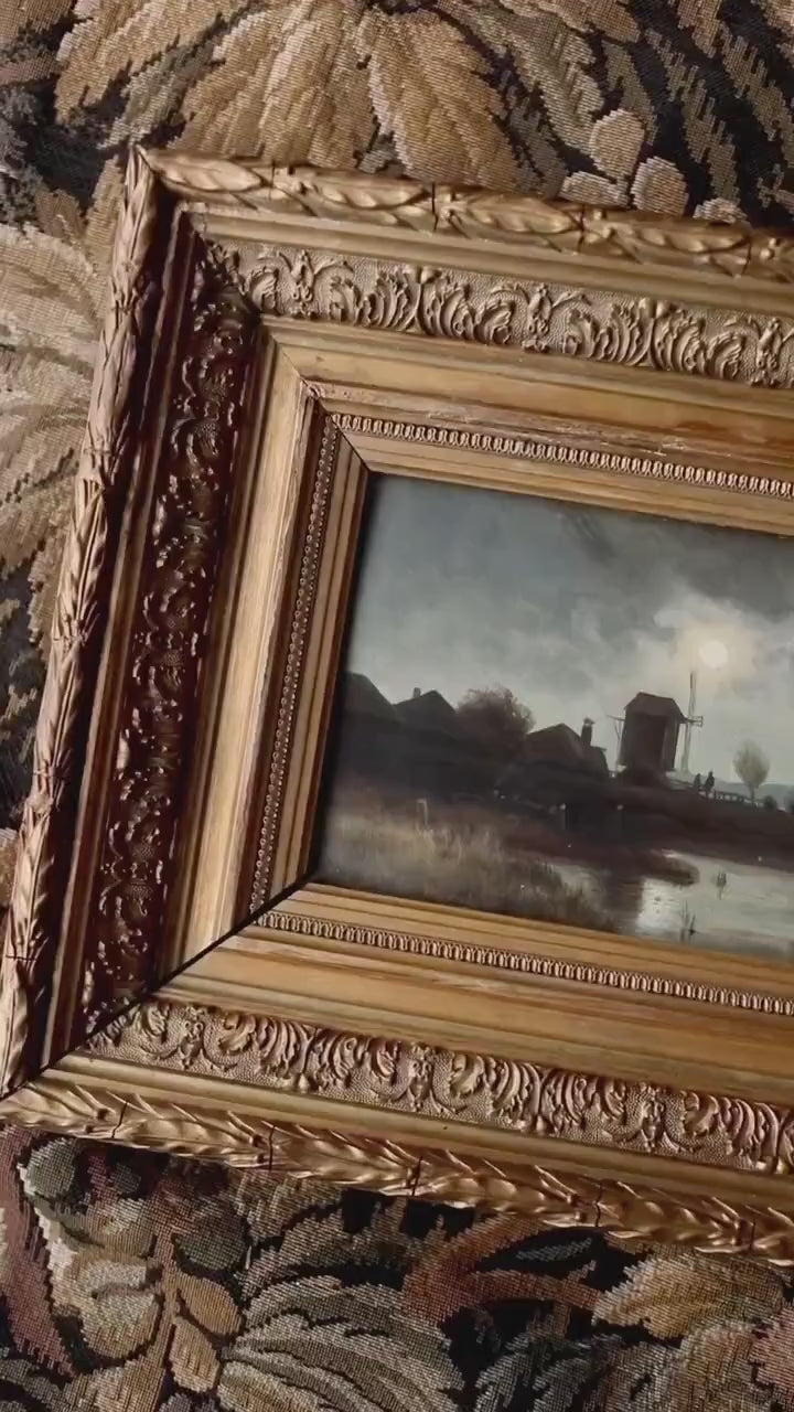 19th Century River Landscape by Moonlight. “Moonlight on the Maas”. Oil Painting in Feather Frame