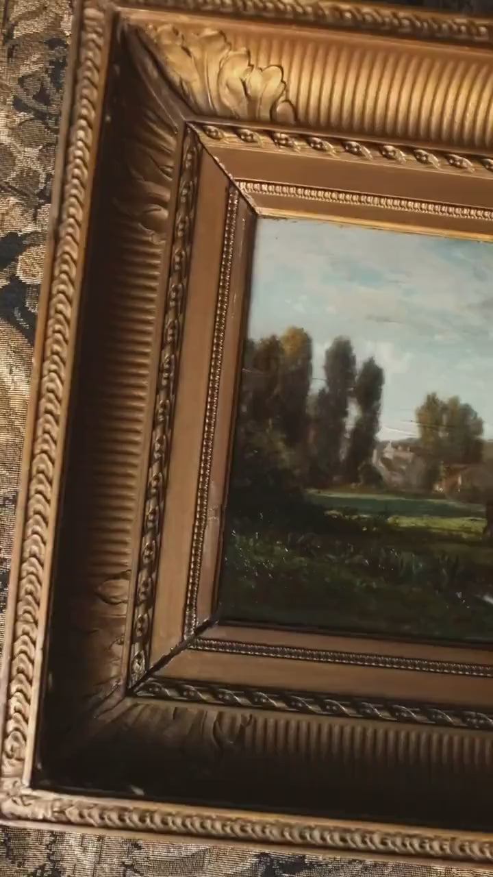 Antique French Barbizon Landscape Oil Painting – Pastoral Meadow with Cows, 19th Century, Gold Framed