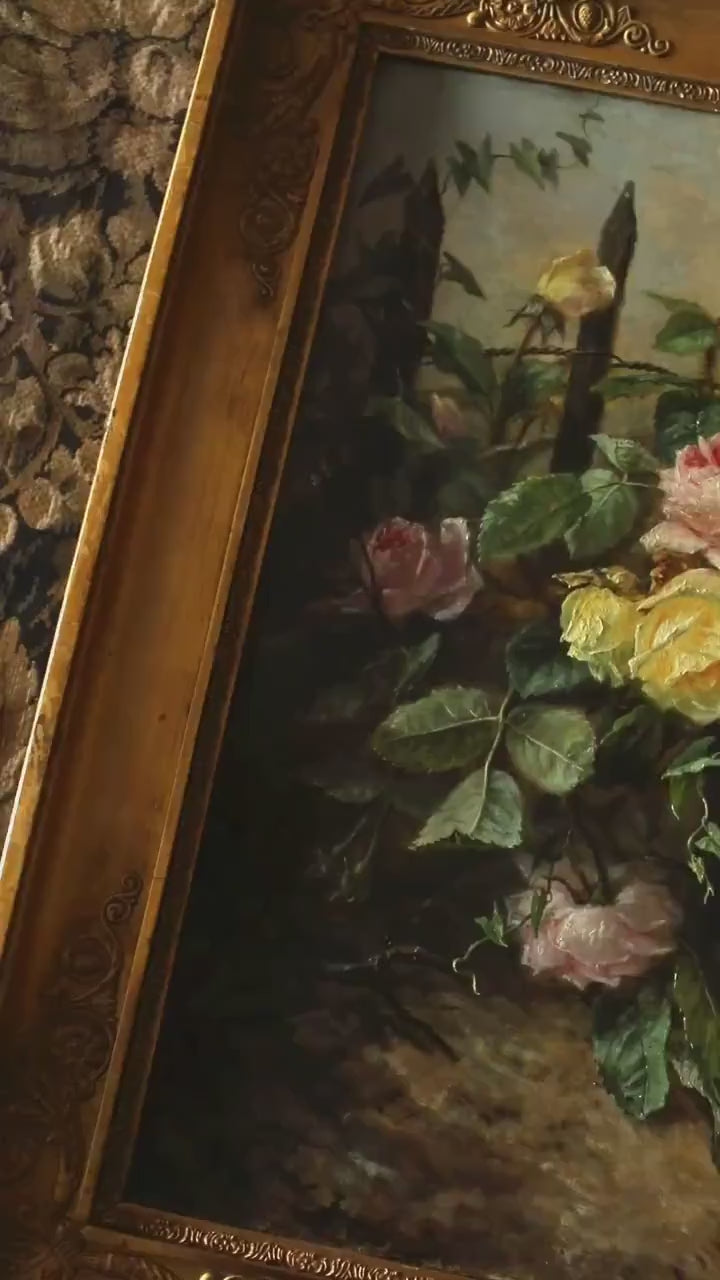 Antique Roses Flower Still Life Oil Painting, Large, Gold Framed