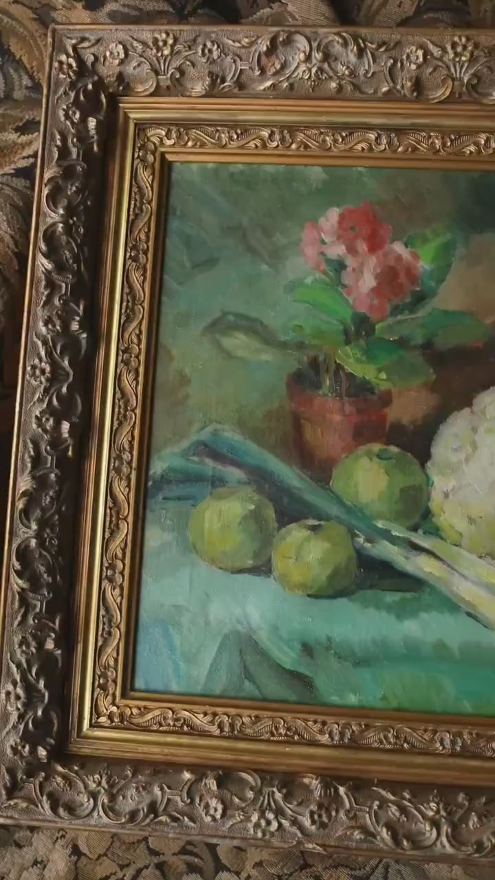 Vintage French Still Life – Impressionist Rustic Kitchen Scene with Vegetables in Gold Frame