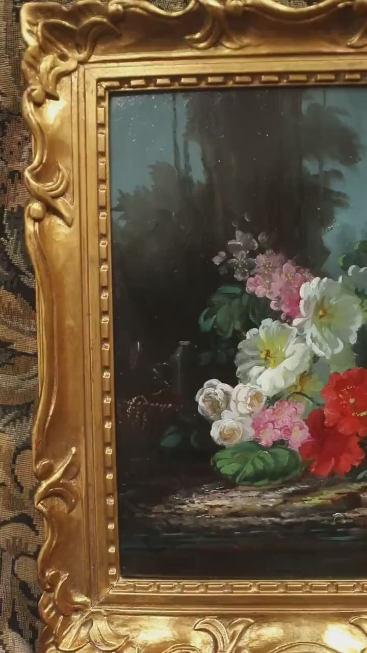 Antique Floral Still Life Oil Painting | Garden Flowers in Gold Frame | Victorian Botanical Art