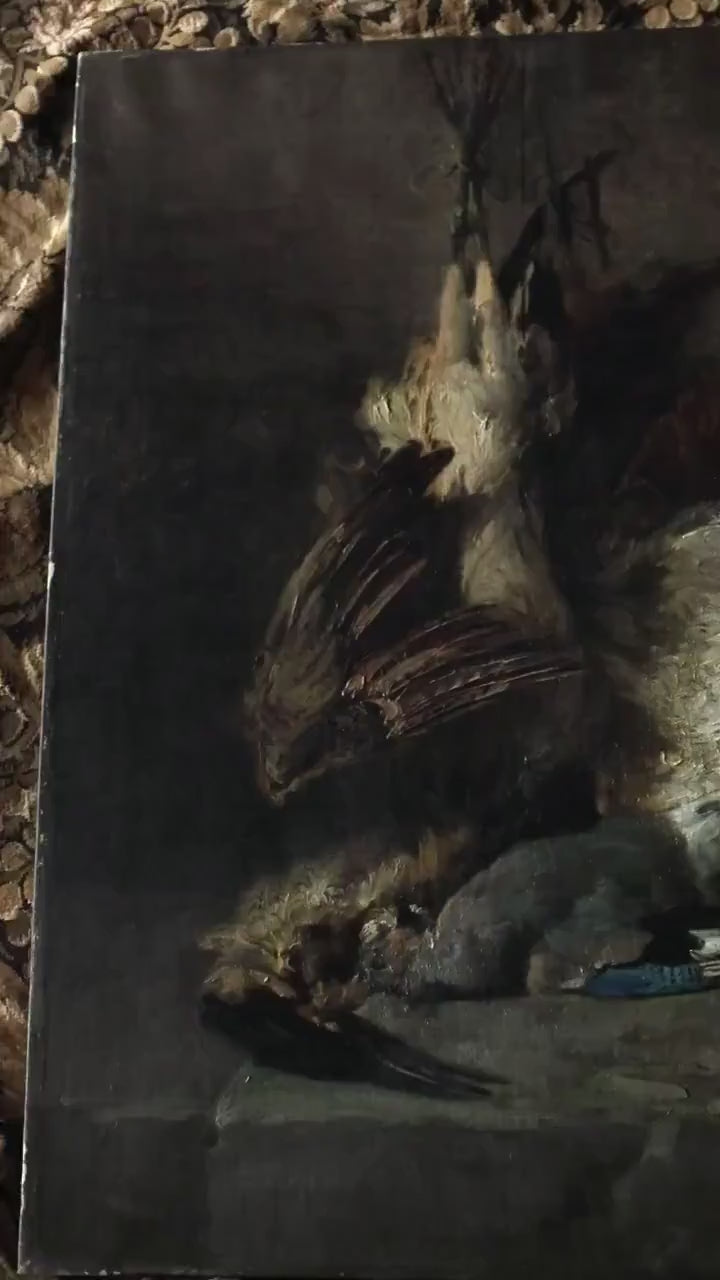 Antique Rustic Still Life Oil Painting – Large 19th Century Birds, Game