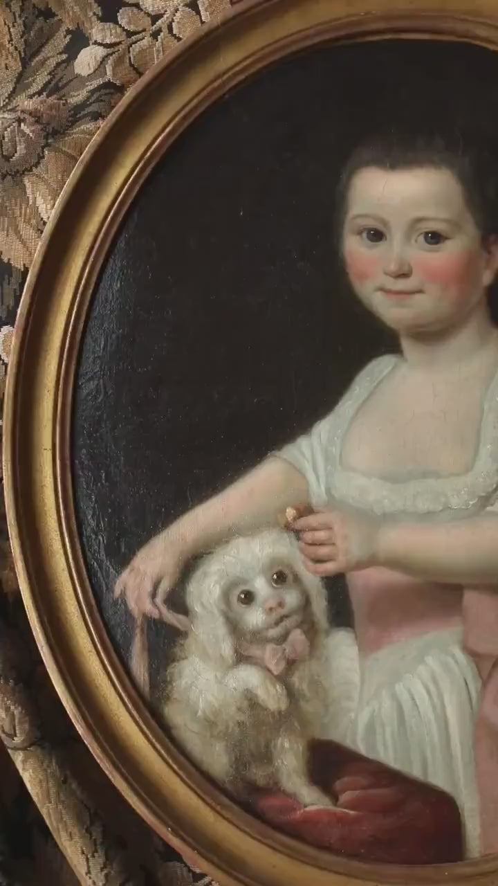 18th Century French Oval Oil Painting Portrait – Young Girl with Dog, Gilt Frame