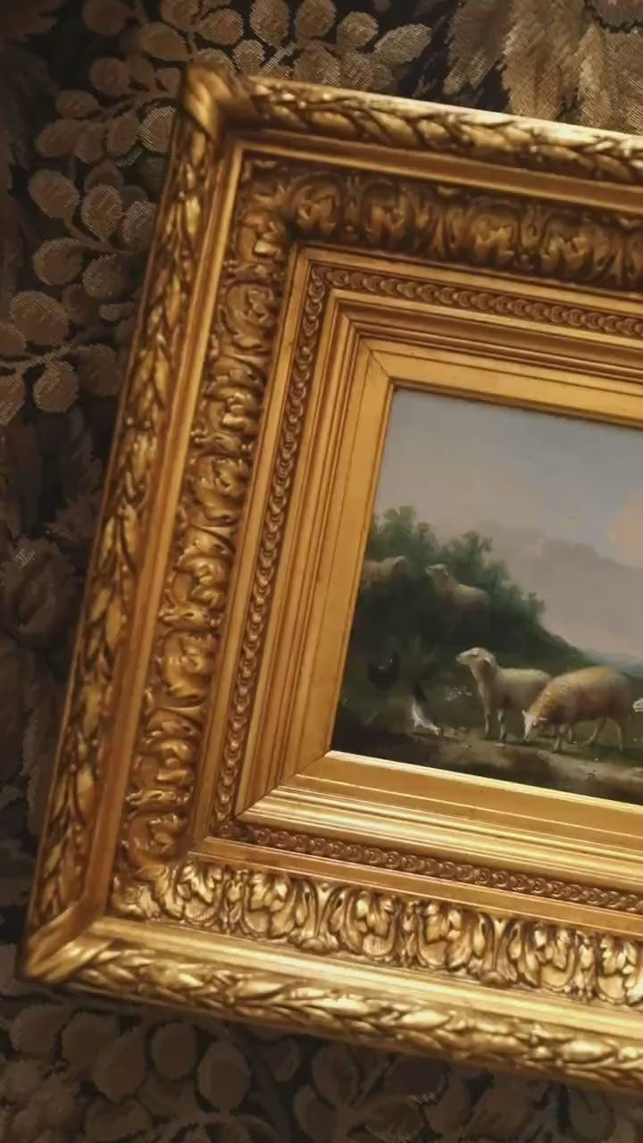 Antique Sheep Oil Painting – 19th Century Pastoral Landscape, Original and Gold Gilt Framed