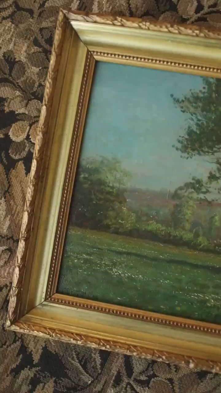 Antique French Landscape Oil Painting – Impressionist Tree in Meadow in Gilt Frame