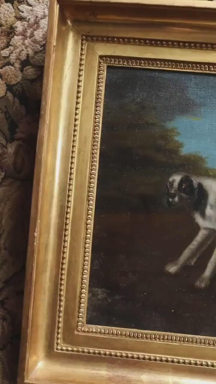 Antique Sporting Dog Painting – 19th Century French Hunting Dog Landscape in Gold Frame