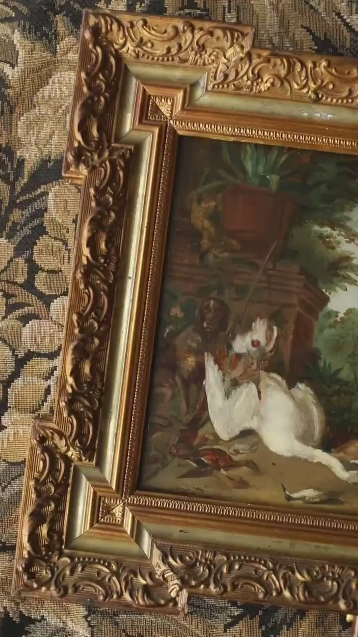 Antique French Hunting Scene – Dog with Game Bird in Gold Frame