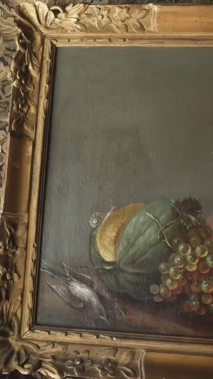 Antique Still Life Oil Painting – Fruit, Grapes and Watermelon on Canvas in Gold Frame